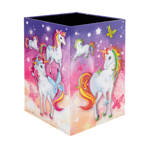 Bunte Aufbewahrungsbox mit Einhörnern und Schmetterlingen auf einem sternenübersäten Hintergrund.