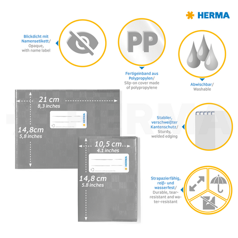 Transparent, washable polypropylene sleeves with sturdy edges, size indicators, and a name label. Ideal for documents.
