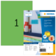 Grüne Etikettenpackung mit der Aufschrift "1" und Informationen zu farbigen Etiketten von Herma, einschließlich Produktnummer und Anwendungshinweisen.