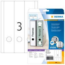 Ordneretiketten für Finanzen und Rezepte, inklusive Software zur Erstellung. Verpackung zeigt zwei beschriftete Ordner mit Nummern.