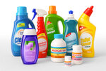 Various cleaning products and medications in bottles, including window cleaner, toilet cleaner, and shower gel.