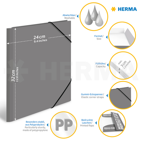 Gray folder with elastic corners, wipeable, 24 cm x 32 cm, made of polypropylene, with printed tabs and a 3 cm capacity.