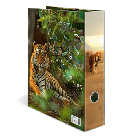 A folder featuring a tiger resting in a natural setting, surrounded by plants and trees.