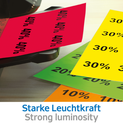 Bunte Rabattkarten in verschiedenen Farben mit Prozentangaben, darunter 10%, 20%, 30%, 40%. Text: "Starke Leuchtkraft".