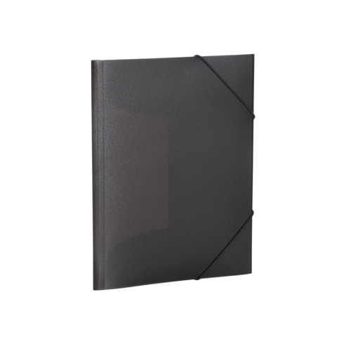 Schwarzes Ordnersystem mit elastischem Verschluss, geeignet zur Aufbewahrung von Dokumenten oder Notizen.