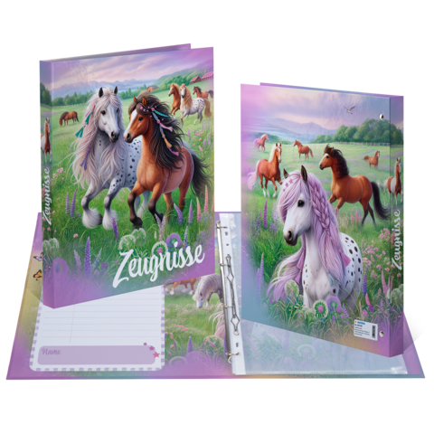 Colorful folders with horse motifs in a meadow, featuring a white, a brown, and a purple horse. One of the folders says "Reports.