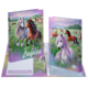 Colorful folders with horse motifs in a meadow, featuring a white, a brown, and a purple horse. One of the folders says "Reports.