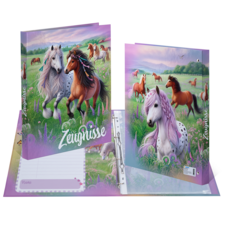 Colorful folders with horse motifs in a meadow, featuring a white, a brown, and a purple horse. One of the folders says "Reports.