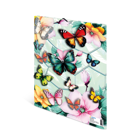 Colorful butterflies and flowers on a binder cover, showcasing a vibrant and decorative design.