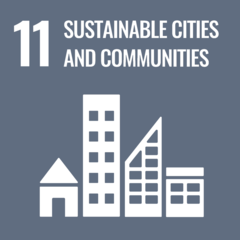 Sustainable cities and communities, represented by various building shapes and sizes, with the number 11 above.