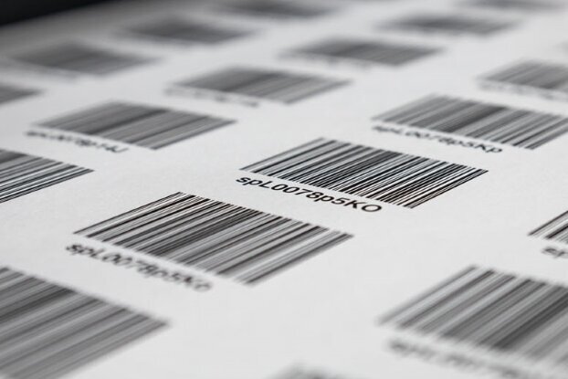 HERMA barcode labels with consecutive numbers, label roll in the digital printing machine, landscape format.