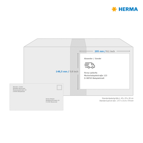 Versandkarton mit Abmessungen und Adressfeld für den Absender. Neben dem Karton liegt eine Postkarte mit Adressdetails.
