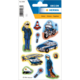 Polizeisticker-Set mit einem Polizisten, Motorrad, Auto, Hubschrauber, Verkehrshütchen und weiteren Polizeisymbolen.