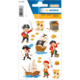 Piratenaufkleber mit verschiedenen Charakteren, einem Schatz, einem Schiff und Goldmünzen. Ideal für Kinder und Bastelprojekte.