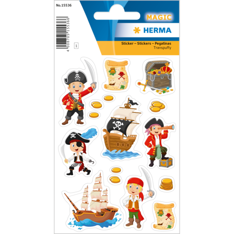 Piratenaufkleber mit verschiedenen Charakteren, einem Schatz, einem Schiff und Goldmünzen. Ideal für Kinder und Bastelprojekte.