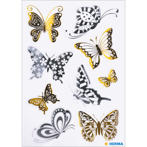 Bunte Schmetterlingsaufkleber in verschiedenen Designs und Farben, darunter goldene, schwarze und weiße Motive.