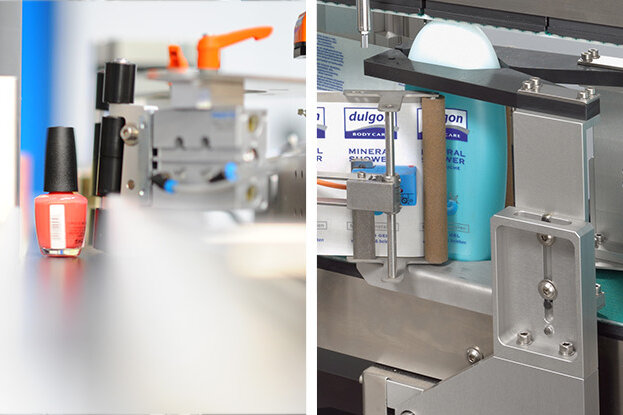 Machines for filling and labeling products, including bottles with various contents, in a production environment.