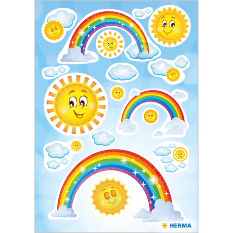 Bunte Aufkleber mit Sonnen, Regenbögen und Wolken auf einem hellblauen Hintergrund.