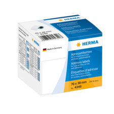 Selbstklebende Adressetiketten in einer Verpackung mit 250 Stück, Größe 70 x 38 mm, hergestellt in Deutschland.