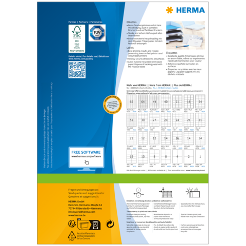 Produktinformation von HERMA mit Details zu Etiketten, Softwareangebot und QR-Code für weitere Informationen.