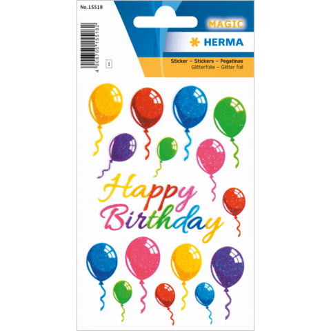 Bunte Luftballons in verschiedenen Farben mit dem Text "Happy Birthday" in glitzernder Schrift. Ideal für Geburtstagsfeiern.