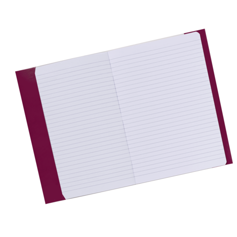 Ein offenes Notizbuch mit linierten Seiten und einem roten Einband.