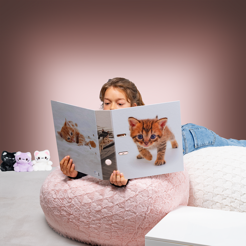A child is sitting in a large, round bean bag and reading a folder with a picture of a kitten on the front.