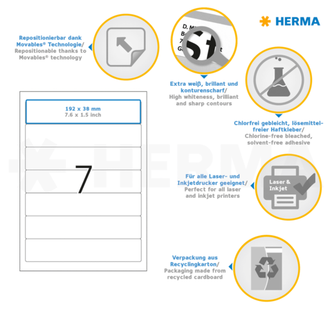 Repositionierbare Etiketten mit den Maßen 192 x 38 mm, geeignet für Laser- und Inkjetdrucker, aus recyceltem Karton.