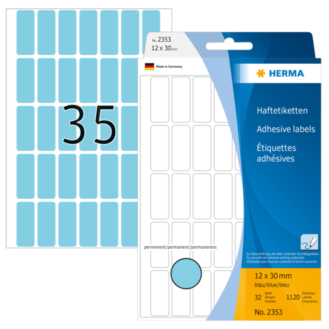 Blaue Haftetiketten mit der Nummer 35, 12 x 30 mm, in einer Verpackung von HERMA, hergestellt in Deutschland.
