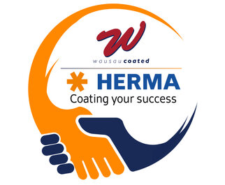 Logo of Wausau Coated featuring the words 'HERMA' and 'Coating your success,' framed by two hands in different colors.
