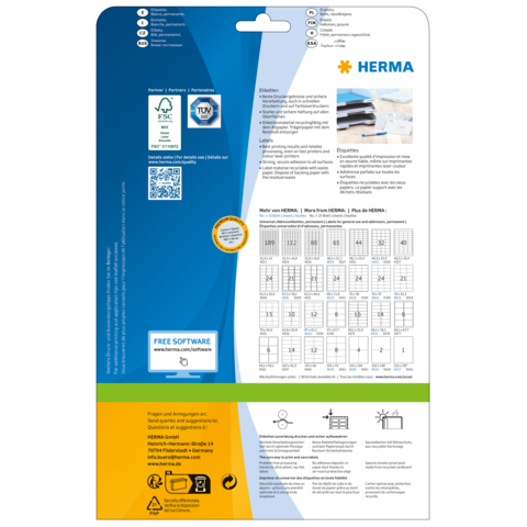 Rückseite einer Verpackung für HERMA Produkte, einschließlich Anweisungen, QR-Code und Informationen zu kostenloser Software.