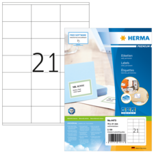 Etikettenpackung von Herma mit 210 Etiketten, Größe 70 x 41 mm, und Beispieletikett mit dem Namen "Mr. Sunny".
