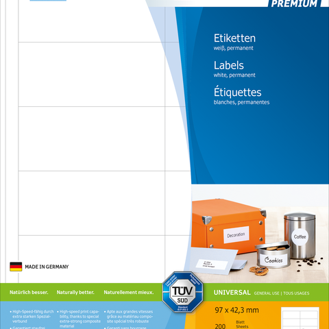 Etiketten von HERMA, weiß und permanent, mit Informationen zu Größe, Anzahl und Verwendung. Enthält auch Hinweise zur Software und Qualitätssiegel.