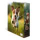 A binder with a running puppy on the front and a sitting dog on the side.