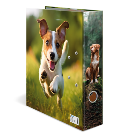 A binder with a running puppy on the front and a sitting dog on the side.