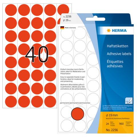Runde, rote Haftetiketten auf einem Bogen, mit der Aufschrift "40". Verpackung zeigt Details zu Größe und Anzahl der Etiketten.