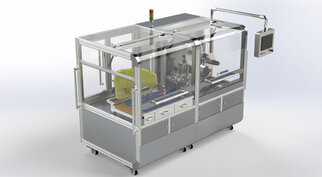 Automated machine with transparent walls, control unit, and work surface, suitable for industrial applications.