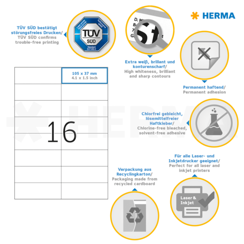 Etikettenblatt mit 16 Etiketten, 105 x 37 mm, permanent haftend, chlorfrei gebleicht, geeignet für Laser- und Inkjetdrucker.