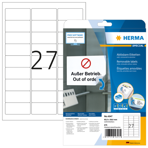 Packung mit ablösbaren Etiketten, die die Aufschrift "Außer Betrieb" und "Out of order" enthält. Enthält 27 Etiketten.