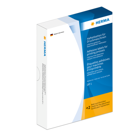 Hafteetiketten für Druckmaschinen in einer Verpackung von HERMA, mit Informationen zu Anwendung und Eigenschaften.