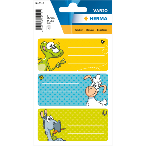 Bunte Aufkleber mit Tiermotiven: ein Frosch, ein Schaf und ein Esel, jeweils mit Platz für Beschriftungen.