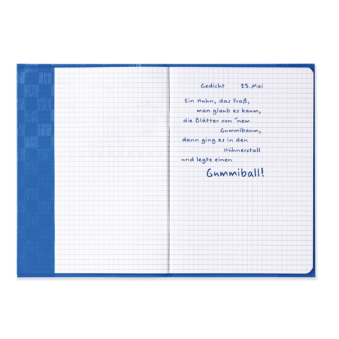 Gedicht vom 23. Mai über ein Huhn, das Blätter von einem Gummibaum nimmt und einen Gummiball im Hühnerstall hinterlässt.