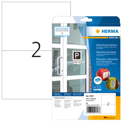 Wetterfeste Etiketten von Herma, Packung mit 40 Stück, Größe 210 x 148 mm, geeignet für verschiedene Anwendungen.