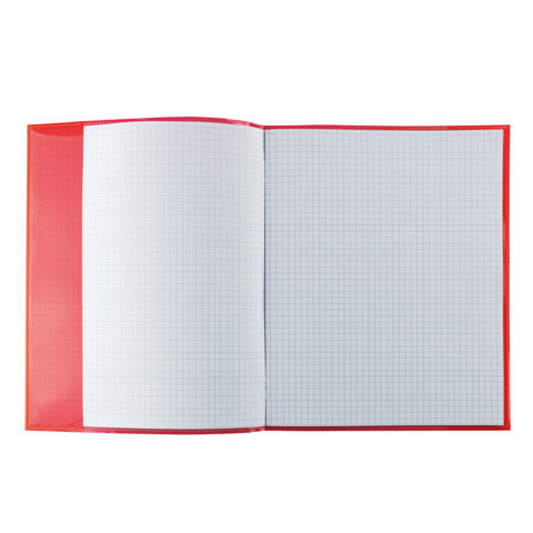 Ein offenes kariertes Notizbuch mit rotem Einband, das leere Seiten zeigt.