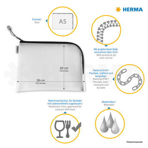 A5-sized white bag with a zipper, made from EVA material, washable and food-safe, ideal for contact with food.