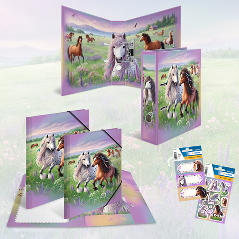 Colorfully designed school supplies featuring horse motifs, including folders, notepads, and stickers, set against a green meadow landscape.