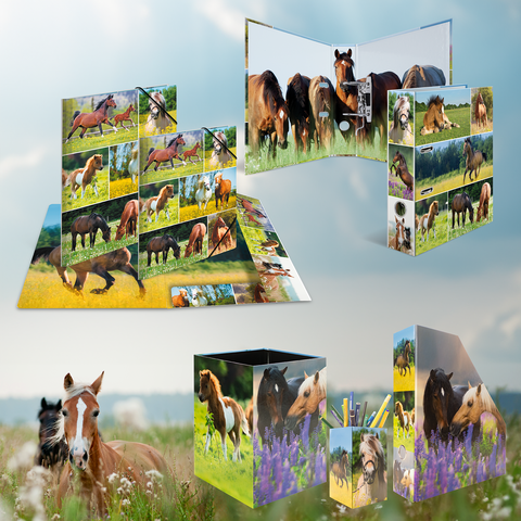 Various school supplies featuring horse motifs, including binders, pencil cases, and notepads, surrounded by a green meadow.