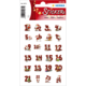 Aufkleber mit Zahlen von 1 bis 24, verziert mit weihnachtlichen Motiven wie Santa Claus und Geschenken.