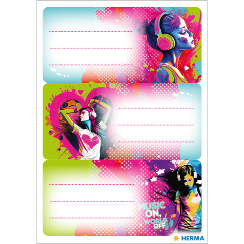 Colorful stickers featuring stylized women wearing headphones. There are areas for labeling. Slogans like 'MUSIC ON! WORLD OFF!' are prominently displayed.