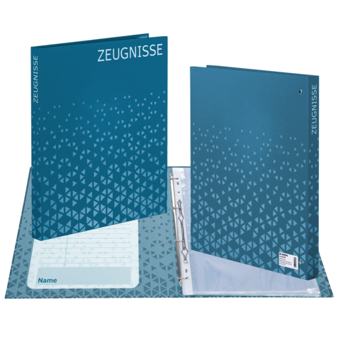 A blue folder titled 'TESTIMONIALS,' which is open and displaying a transparent sleeve for documents.